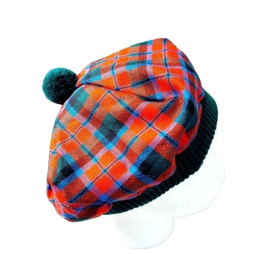 VTG Scottish Tam O'Shanter Beret Pom Pom Plaid 100% Wool Lined Made in Scotland - Picture 11 of 16